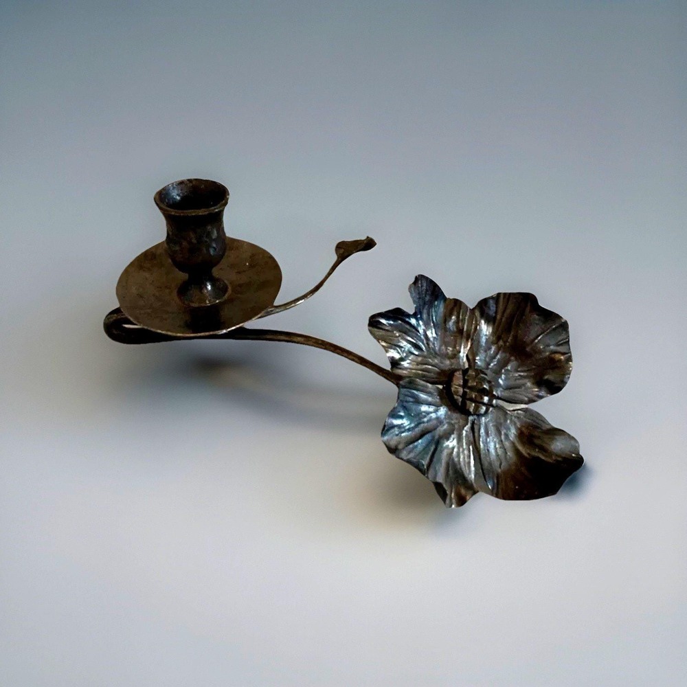 Vintage Forged Pewter Flower Metal Candle Holder